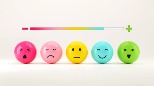 Customer choose emoji emoticons happy mood on emotions satisfaction meter, evaluation, Increase rating, Satisfaction and best excellent services rating concept, Feedback concept design, 3d render.